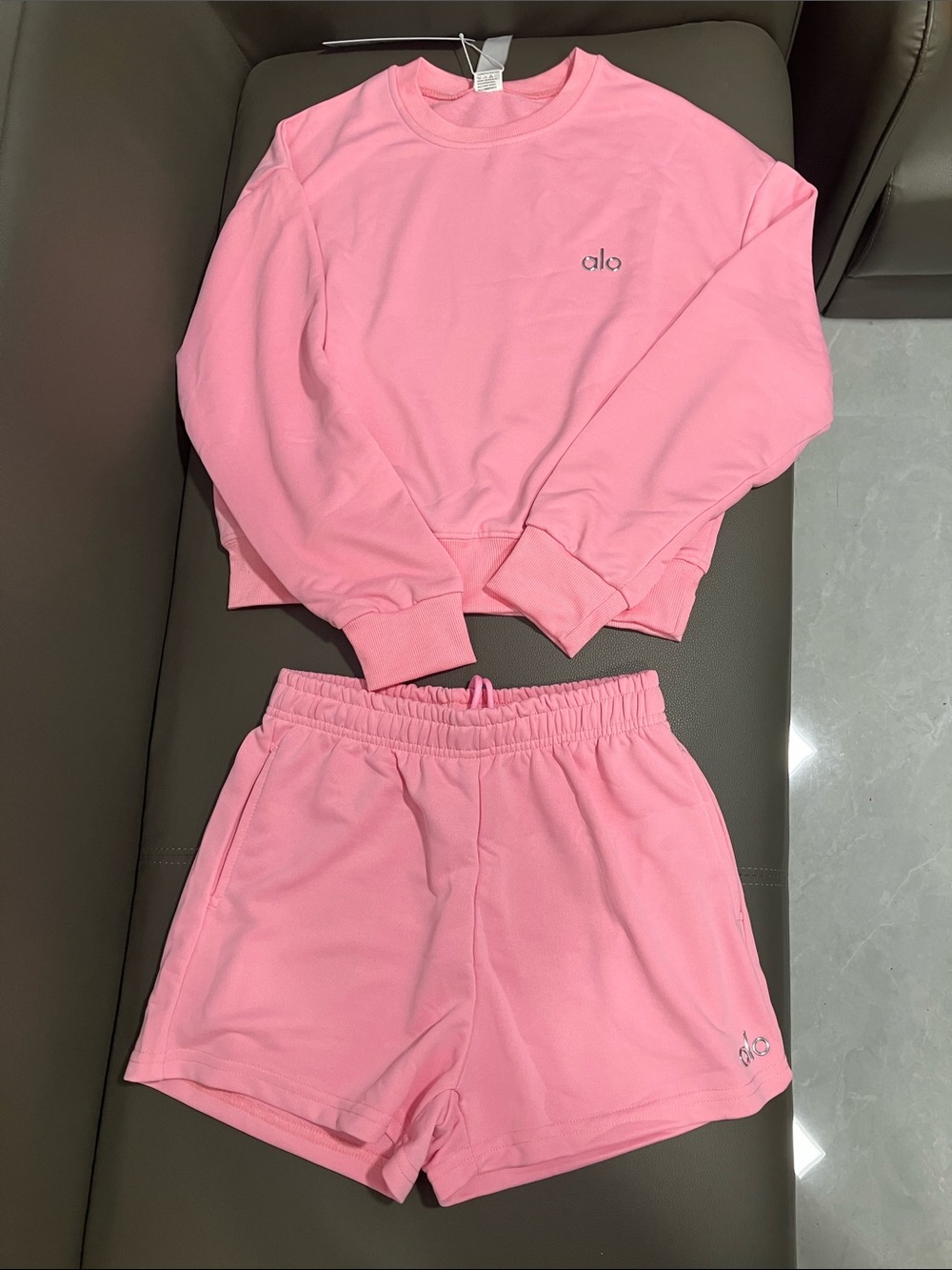 ALO Yoga Pink Cropped Sweatshirt and Shorts Set